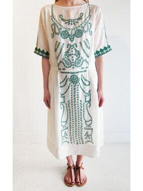 Forte_Forte White Dress with Green Embroidery, Size "III" (fits US size 8/10)